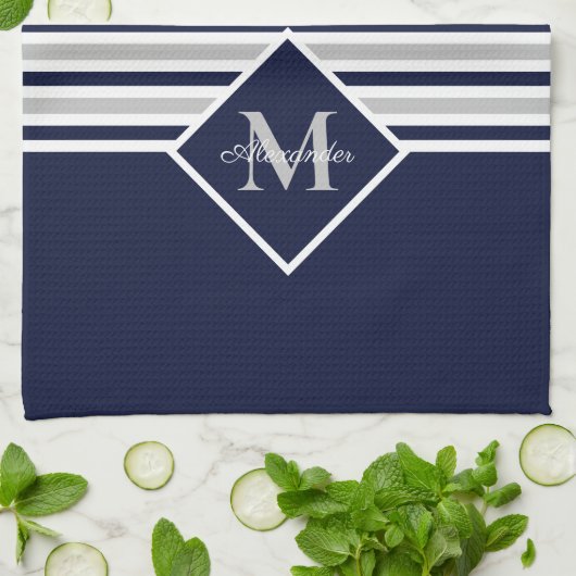 Nautic Modern Navy Blue Gray Monogram Geschirrtuch (Gefaltet)