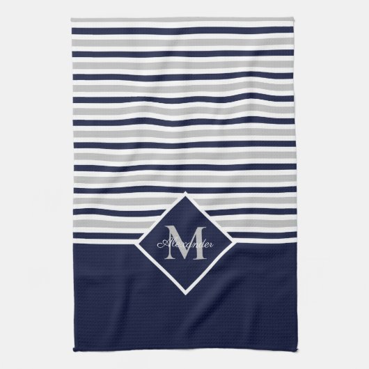Nautic Modern Navy Blue Gray Monogram Geschirrtuch (Vertikal)