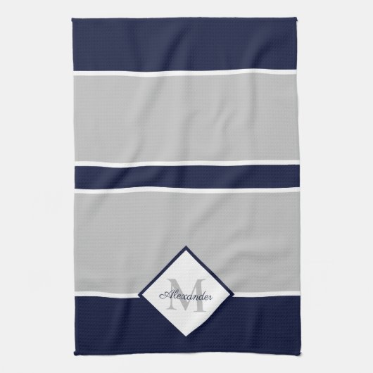 Nautic Modern Navy Blue Gray Monogram Geschirrtuch (Vertikal)