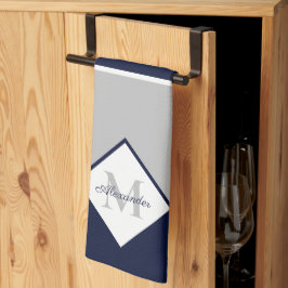 Nautic Modern Navy Blue Gray Monogram Geschirrtuch