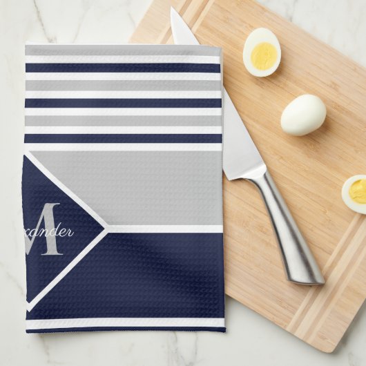 Nautic Modern Navy Blue Gray Monogram Kitchen Geschirrtuch (Viertel Falte)
