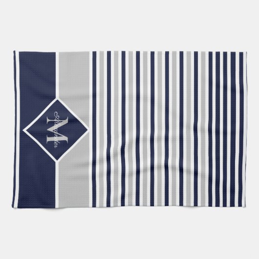Nautic Modern Navy Blue Gray Monogram Kitchen Geschirrtuch (Horizontal)