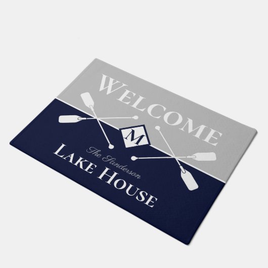 Nautic Modern Navy Blue Gray Monogram Lake House Fußmatte (Schrägansicht)