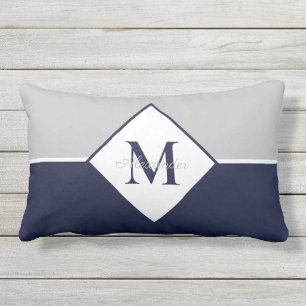 Nautic Modern Navy Blue Gray Monogram Throw Pil Kissen Für Draußen