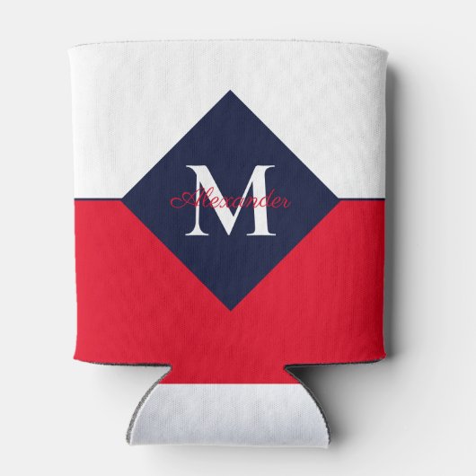 Nautic Modern Navy Blue Red Monogram Dosenkühler (Rückseite)