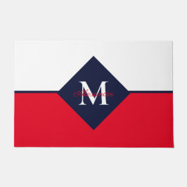 Nautic Modern Navy Blue Red Monogram Fußmatte