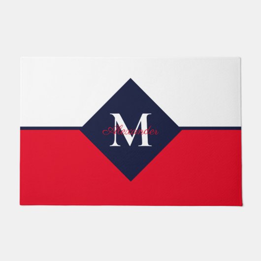 Nautic Modern Navy Blue Red Monogram Fußmatte (Vorderseite)