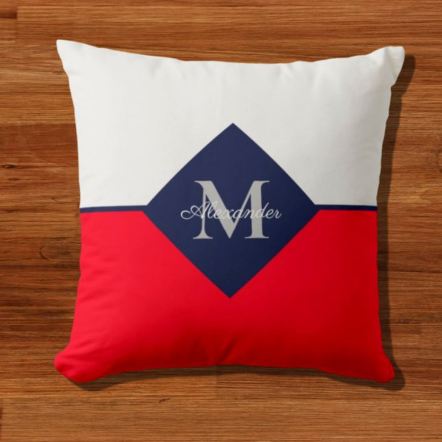 Nautic Modern Navy Blue Red Monogram Throw Pillo Kissen (Von Creator hochgeladen)