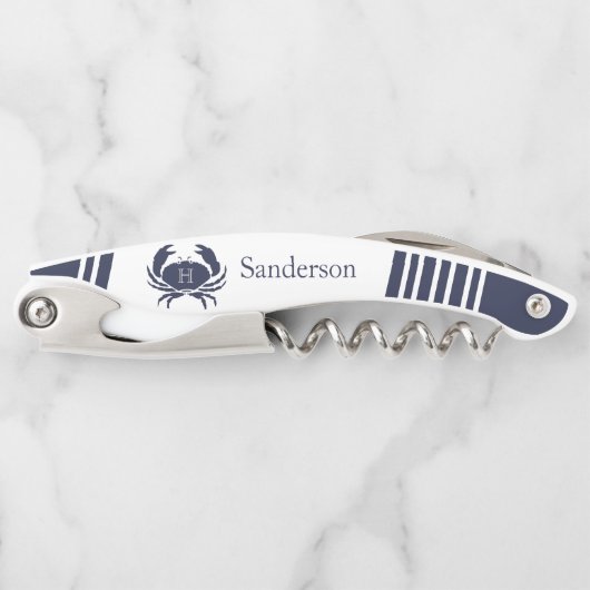 Nautic Modern Navy, White Striped Gray Monogram Kellnermesser (Vorderseite)