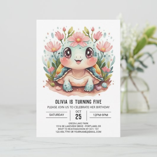 Nautic Modern Turtle Girl Birthday Einladung (Stehend Vorderseite)