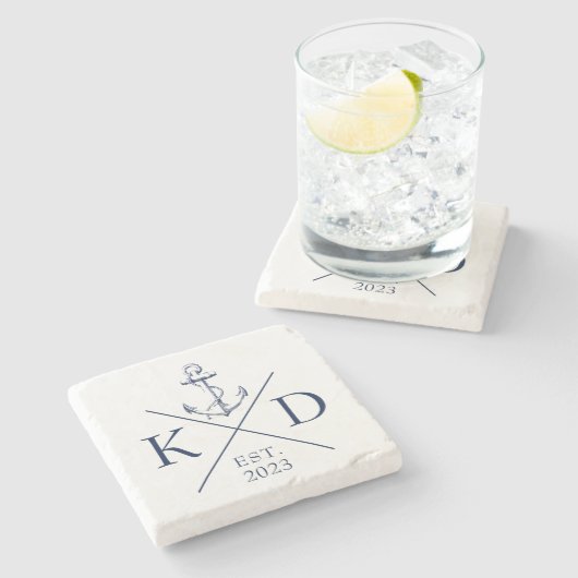 Nautic Monogram Anchor Navy Steinuntersetzer (Seitenansicht)