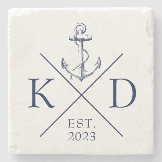 Nautic Monogram Anchor Navy Steinuntersetzer (Vorderseite)