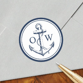 Nautic Monogram Anchor Navy White Runder Aufkleber