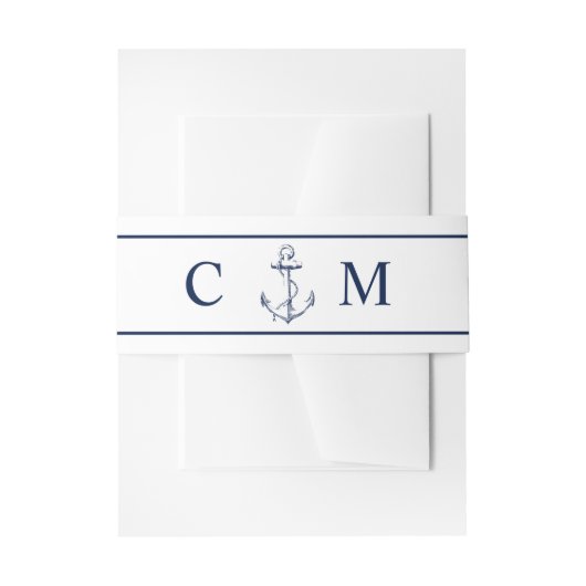 Nautic Monogram Navy Anchor Wedding Einladungsbanderole (Vorderseite Beispiel)