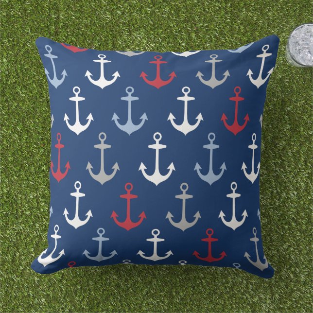 Nautic Navy Anchor Muster rot weiß und blau Kissen (Gras)