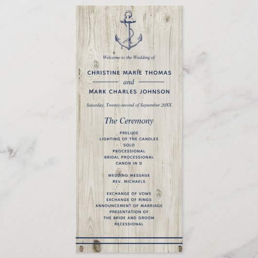 Nautic Navy Anchor Rustic Wood Wedding Programm (Vorderseite)