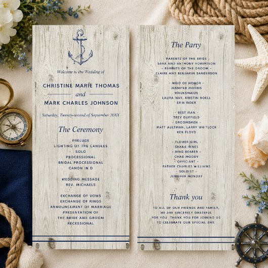Nautic Navy Anchor Rustic Wood Wedding Programm