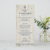 Nautic Navy Anchor Sea Rustic Wood Wedding Menükarte (Stehend Vorderseite)