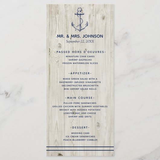 Nautic Navy Anchor Sea Rustic Wood Wedding Menükarte (Vorderseite)