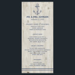 Nautic Navy Anchor Sea Rustic Wood Wedding Menükarte<br><div class="desc">Ein Wassermenü,  ideal für Hochzeiten am Strand und Hochzeiten am Meer! Tragen Sie das Thema der Feier bis zu Ihrem Menü mit diesem marinen Ankermenü.</div>