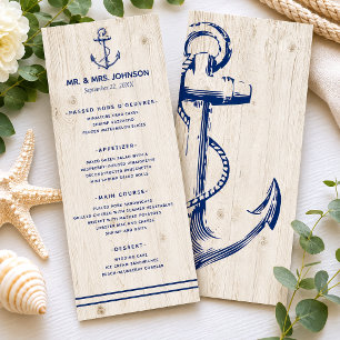 Nautic Navy Anchor Sea Rustic Wood Wedding Menükarte