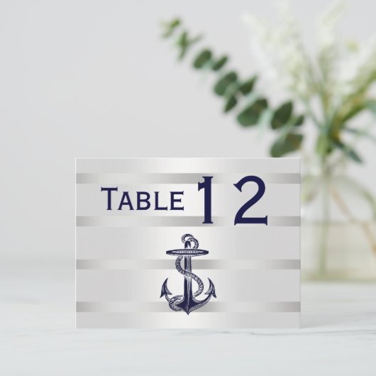 Nautic Navy Blu Anchor Silver Wht H Tischnummer (Stehend Vorderseite)
