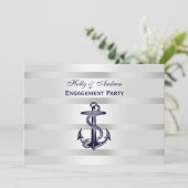 Nautic Navy Blu Anchor Silver Wt BG H Verlobung Einladung (Stehend Vorderseite)