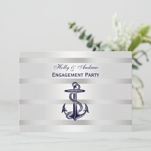 Nautic Navy Blu Anchor Silver Wt BG H Verlobung Einladung (Stehend Vorderseite)