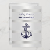 Nautic Navy Blu Anchor Silver Wt BG V Abschluss Einladung (Vorne/Hinten)