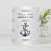 Nautic Navy Blu Anchor Silver Wt BG V Verlobung Einladung (Stehend Vorderseite)