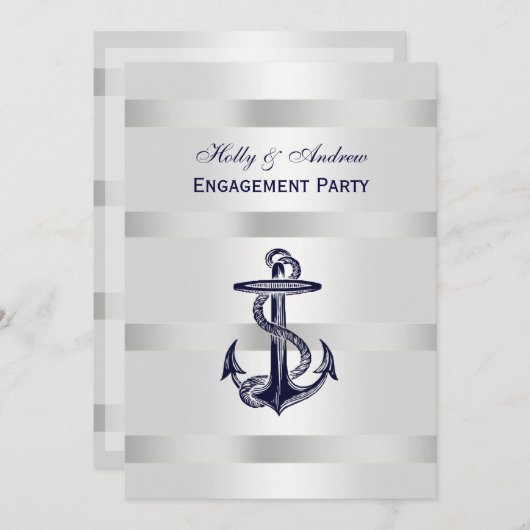 Nautic Navy Blu Anchor Silver Wt BG V Verlobung Einladung (Vorne/Hinten)
