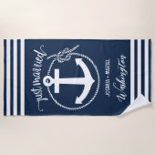 Nautic Navy Blue Anchor and Rope Just Married Strandtuch (Vorderseite)