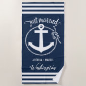 Nautic Navy Blue Anchor and Rope Just Married Strandtuch (Vorderseite)
