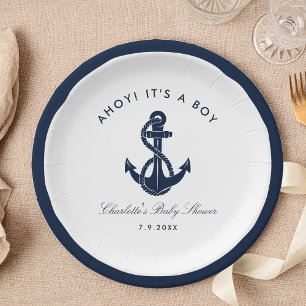 Nautic Navy Blue Anchor Baby Shooter Pappteller
