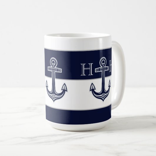 Nautic Navy Blue Anchor Coastal Monogram Coffee Kaffeetasse (VorderseiteRechts)