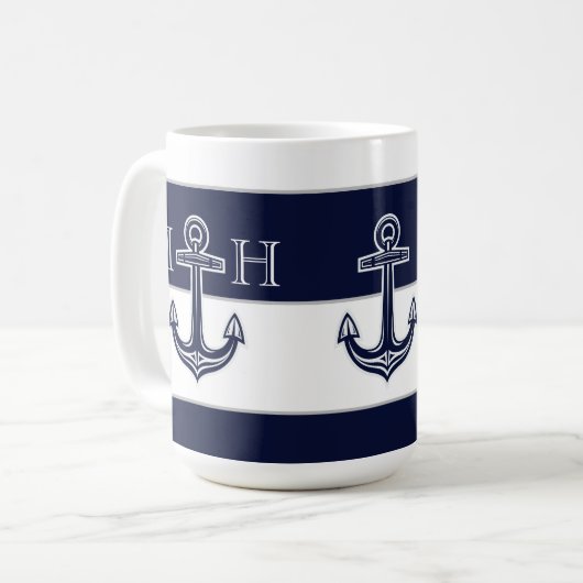 Nautic Navy Blue Anchor Coastal Monogram Coffee Kaffeetasse (Vorderseite Links)