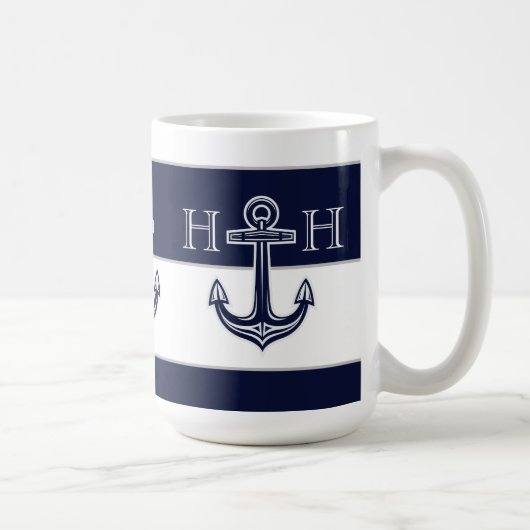 Nautic Navy Blue Anchor Coastal Monogram Coffee Kaffeetasse (Rechts)
