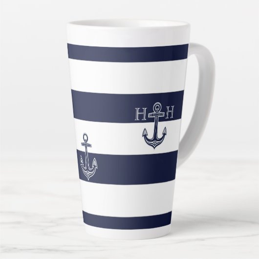 Nautic Navy Blue Anchor Coastal Monogram Coffee Milchtasse (Rechte Ecke)