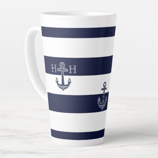 Nautic Navy Blue Anchor Coastal Monogram Coffee Milchtasse (Linke Ecke)
