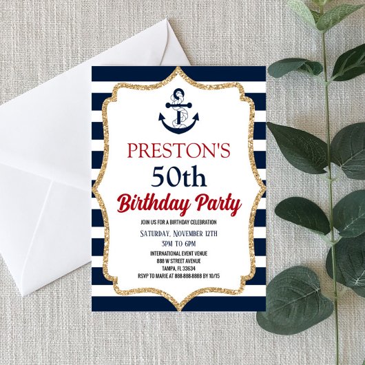 Nautic Navy Blue Anchor Custom Birthday Party Einladung
