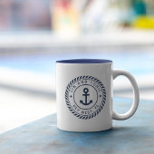 Nautic Navy Blue Anchor Custom Boat Name Zweifarbige Tasse