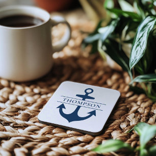 Nautic Navy Blue Anchor Custom Monogram Name Getränkeuntersetzer