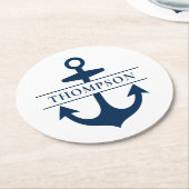 Nautic Navy Blue Anchor Custom Monogram Name Runder Pappuntersetzer (Angewinkelt)