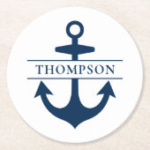 Nautic Navy Blue Anchor Custom Monogram Name Runder Pappuntersetzer (Vorderseite)