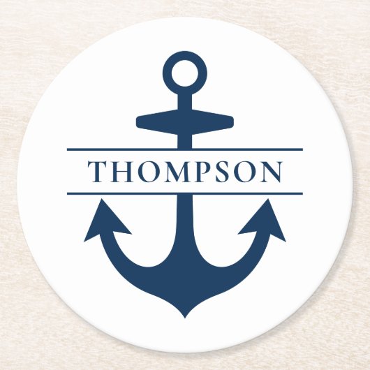 Nautic Navy Blue Anchor Custom Monogram Name Runder Pappuntersetzer (Vorderseite)