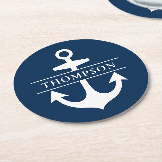 Nautic Navy Blue Anchor Custom Monogram Name Runder Pappuntersetzer (Angewinkelt)