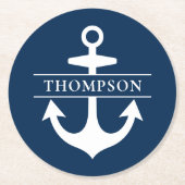 Nautic Navy Blue Anchor Custom Monogram Name Runder Pappuntersetzer (Vorderseite)