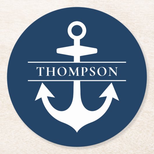 Nautic Navy Blue Anchor Custom Monogram Name Runder Pappuntersetzer (Vorderseite)
