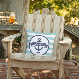 Nautic Navy Blue Anchor Family Name Aqua Stripes Kissen