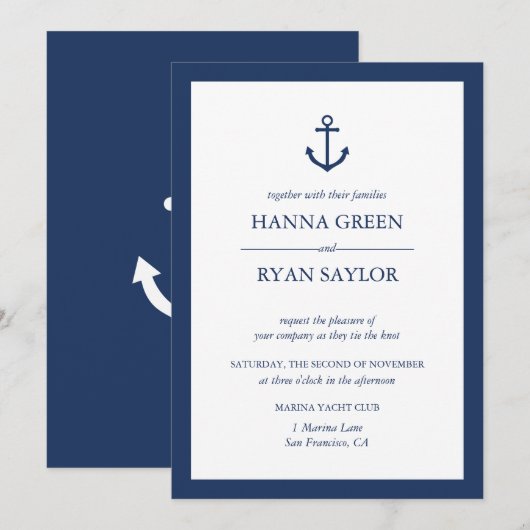 Nautic Navy Blue Anchor Hochzeitseinladung Einladung (Vorne/Hinten)